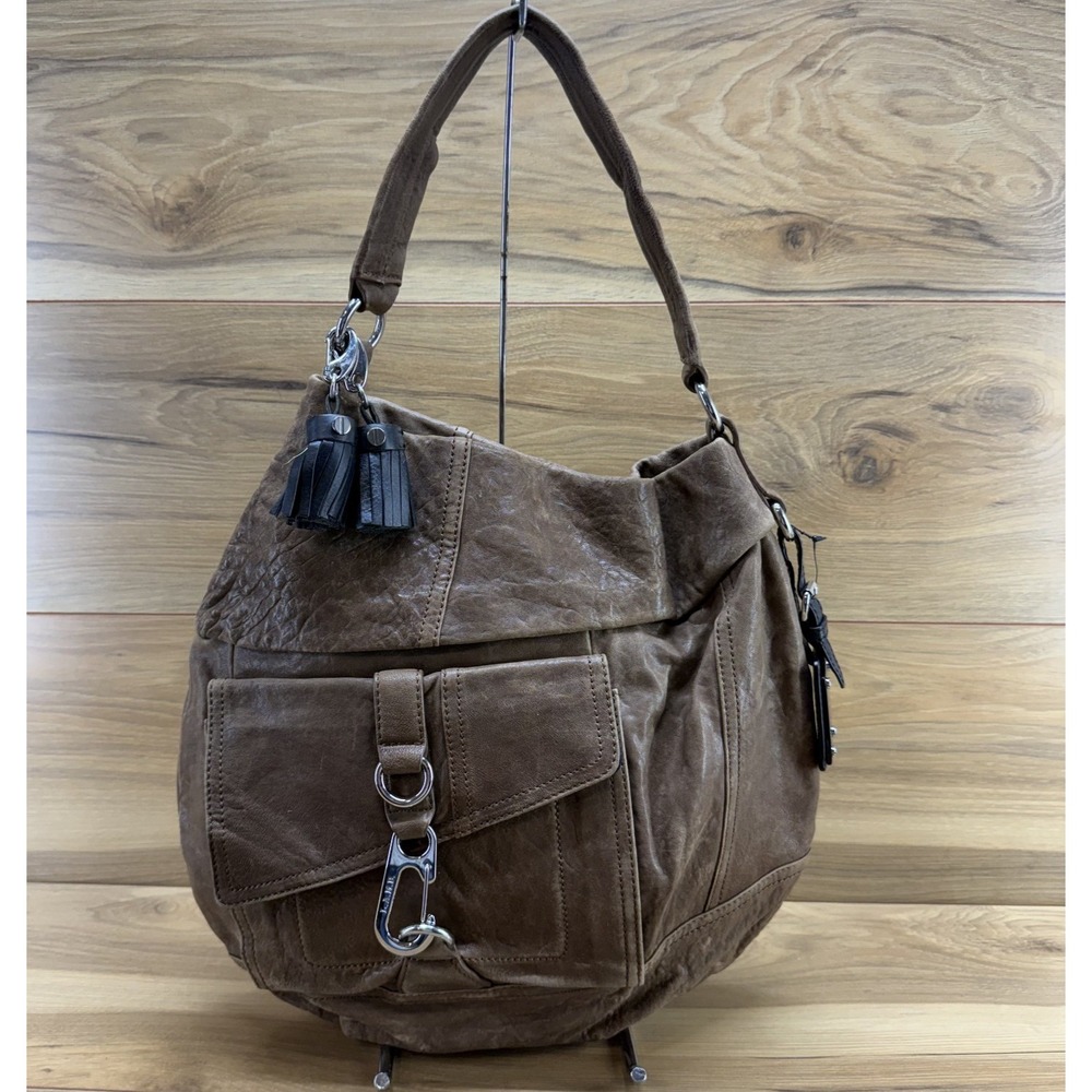 L.A.M.B. Corsaire Seville Y2K Large Hobo Bag Textured Leather Beige Black Tassel
